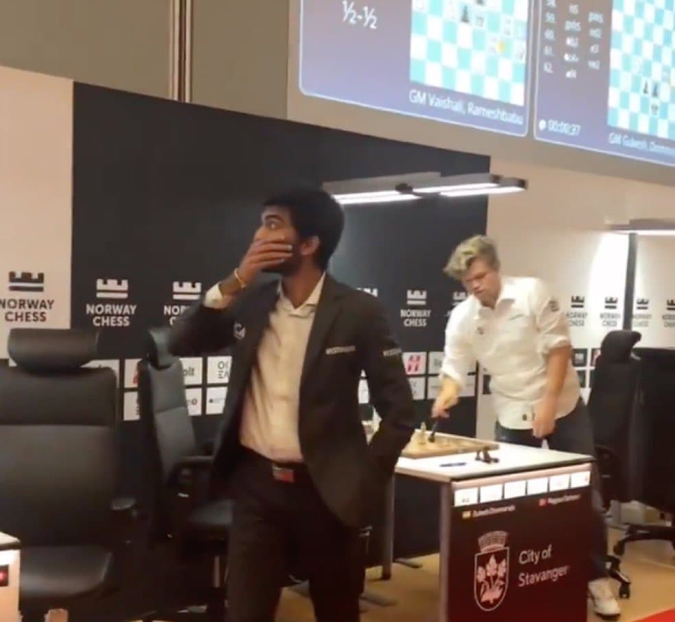 Surprised Gukesh after beating Magnus Carlsen