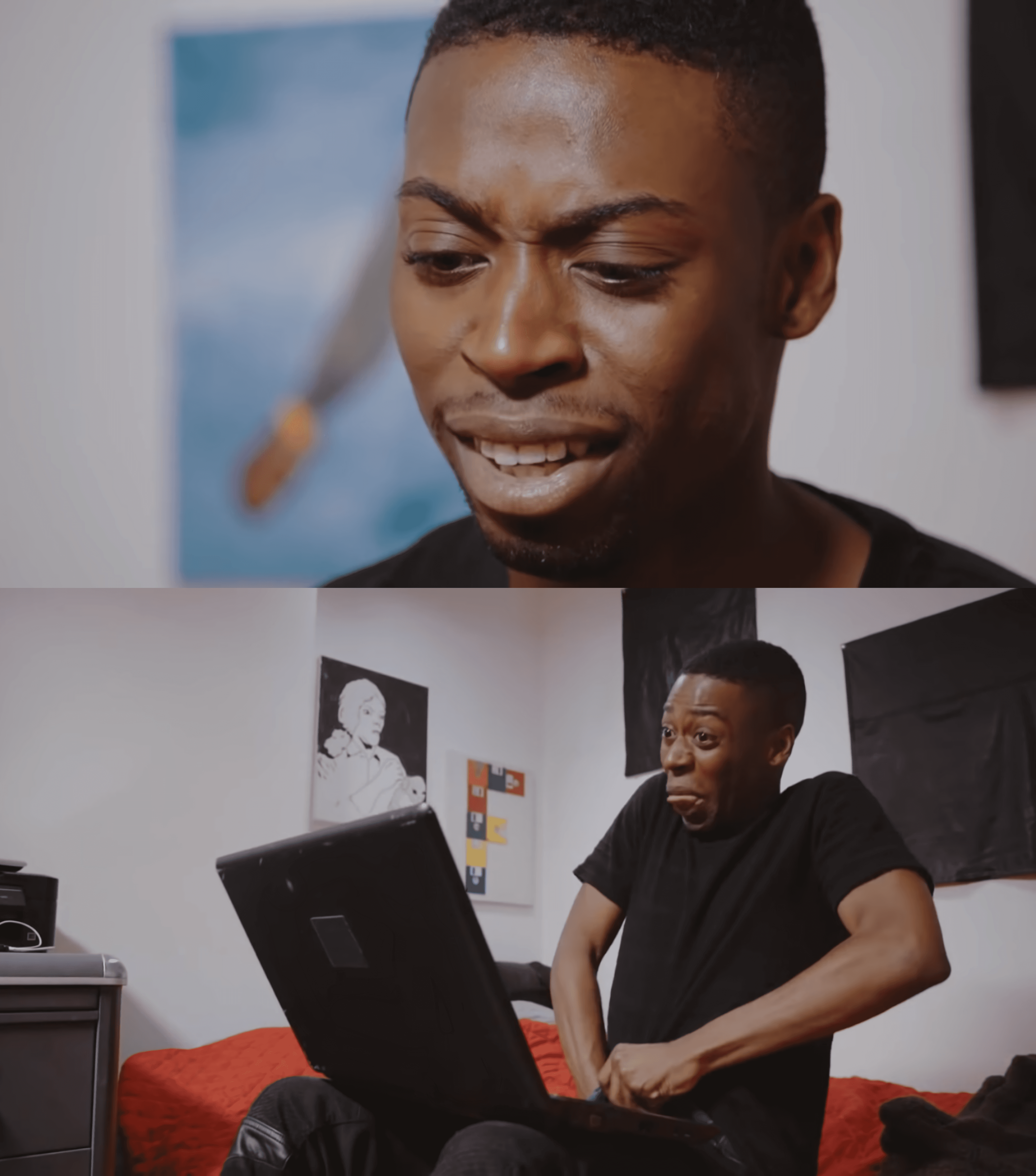 Black guy with laptop with hands in pants 4k template disgusted fap, questionable fap
