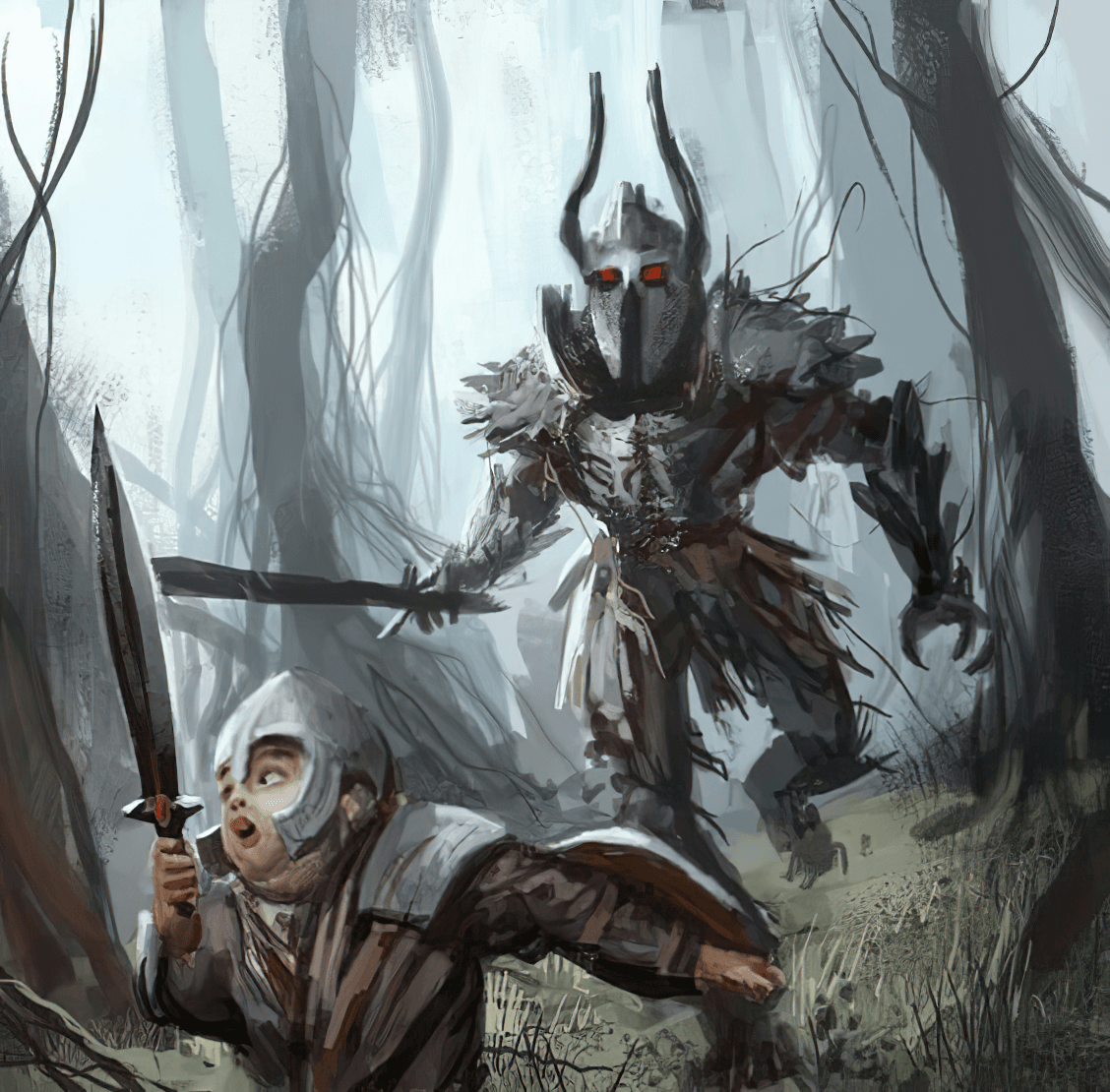 Girl running from knight