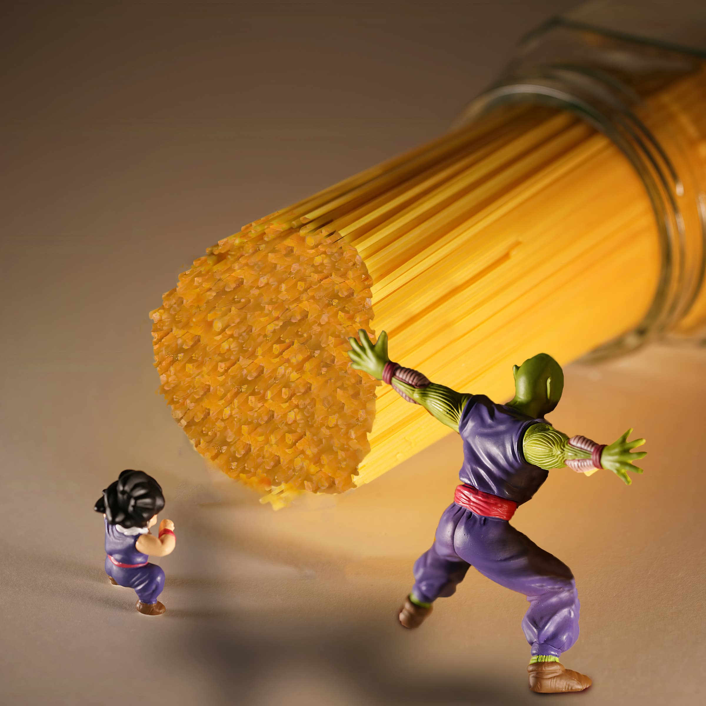 Piccolo holding spaghetti