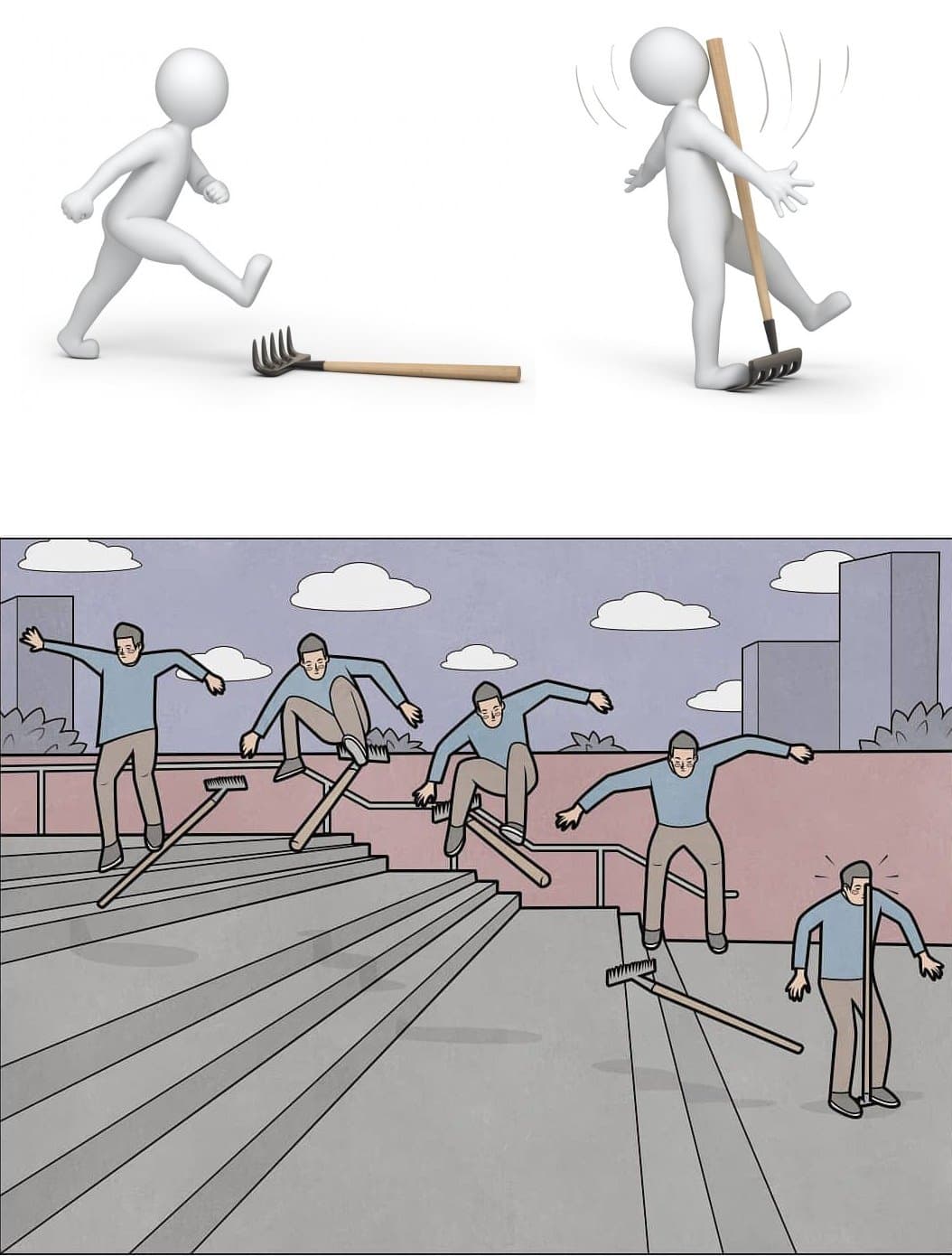 Rake stepping skateboard