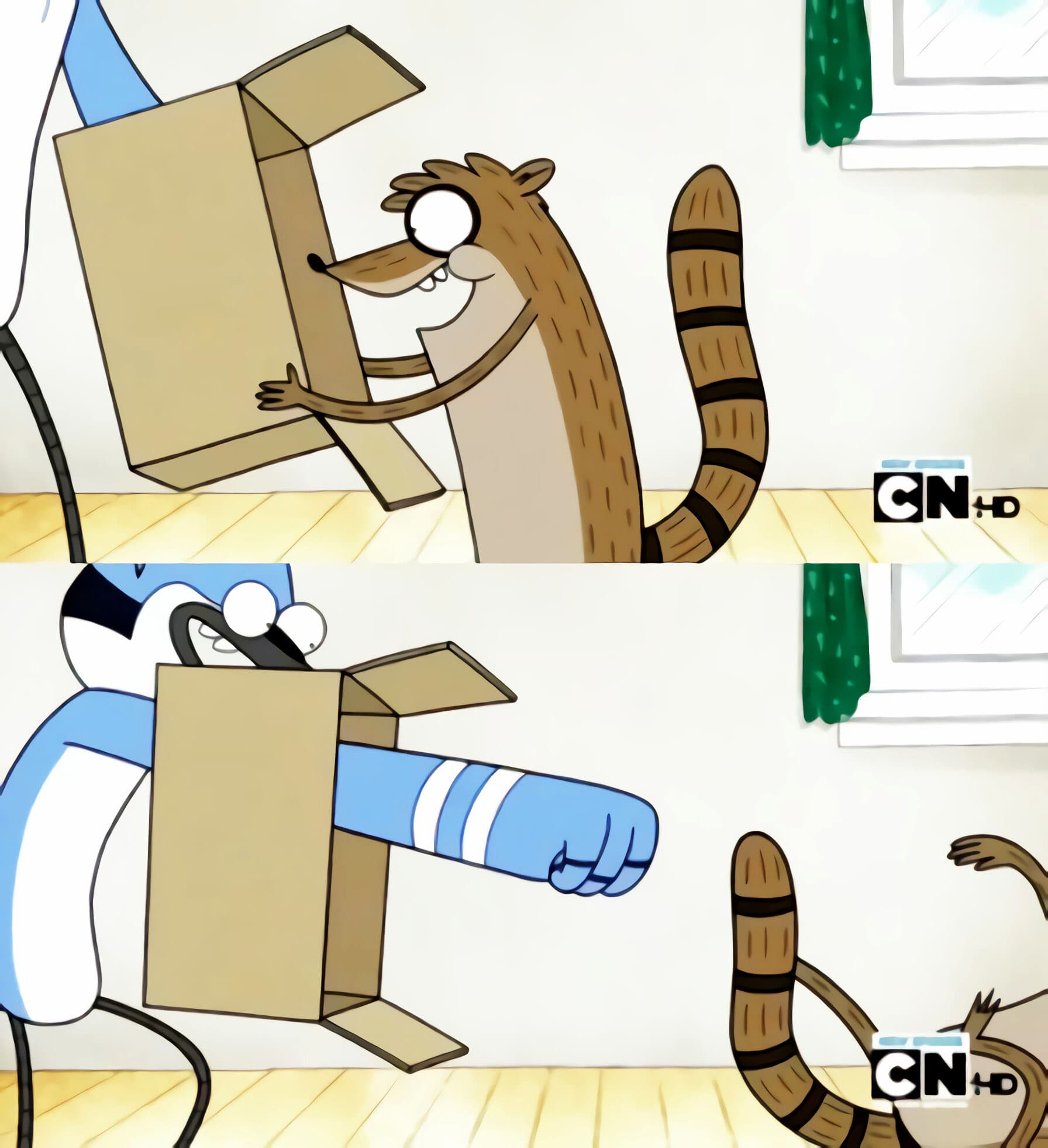 Mordecai punches Rigby box