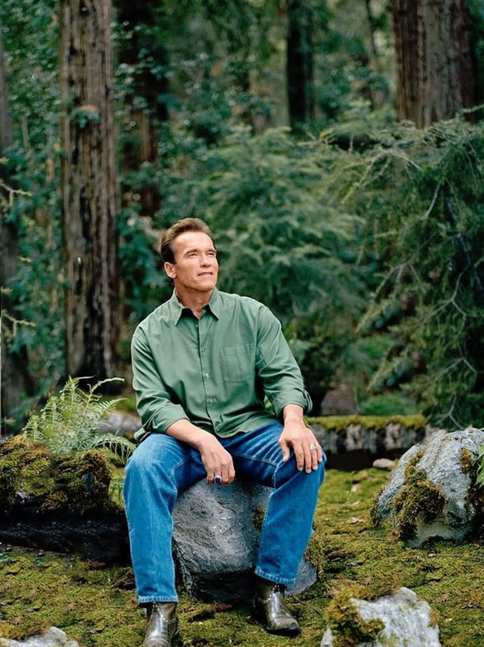 Arnold Schwarzenegger forest sitting