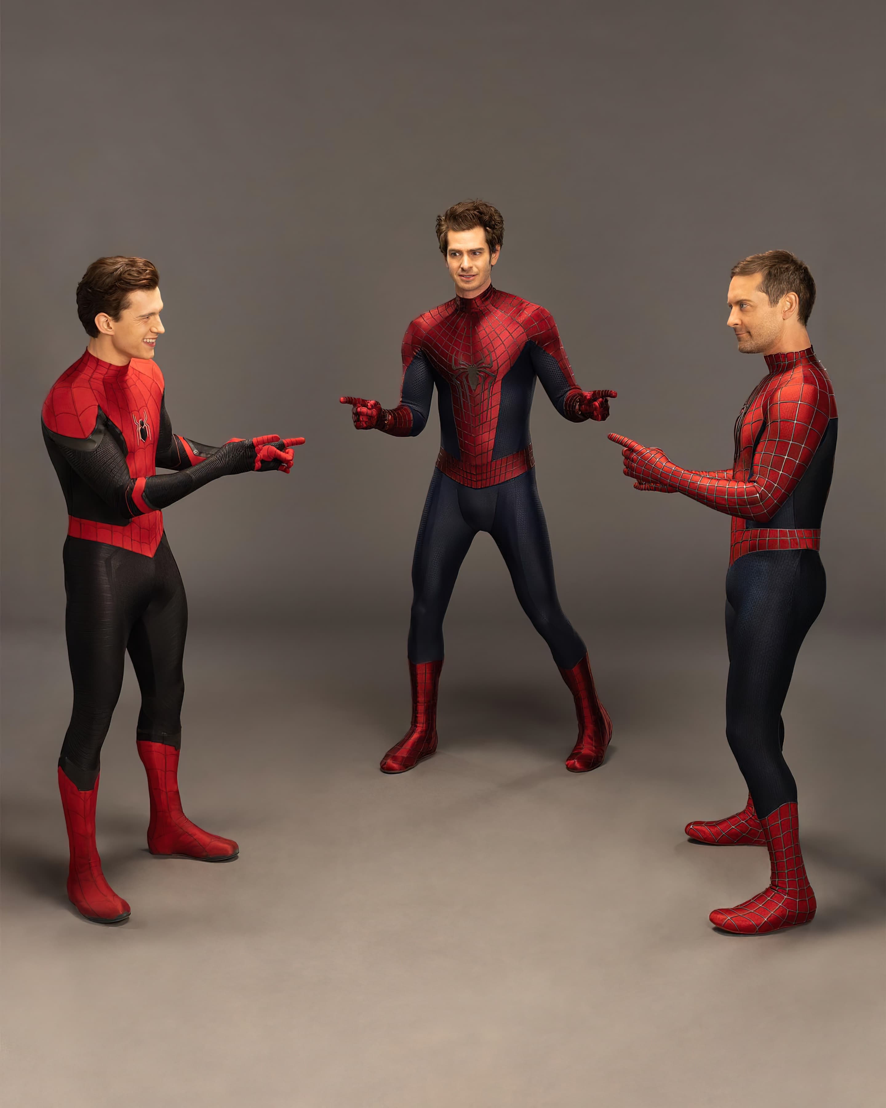 Spider man pointing at spider man pointing at spider man irl template tobey mcguire, andrew garfield, tom holland
