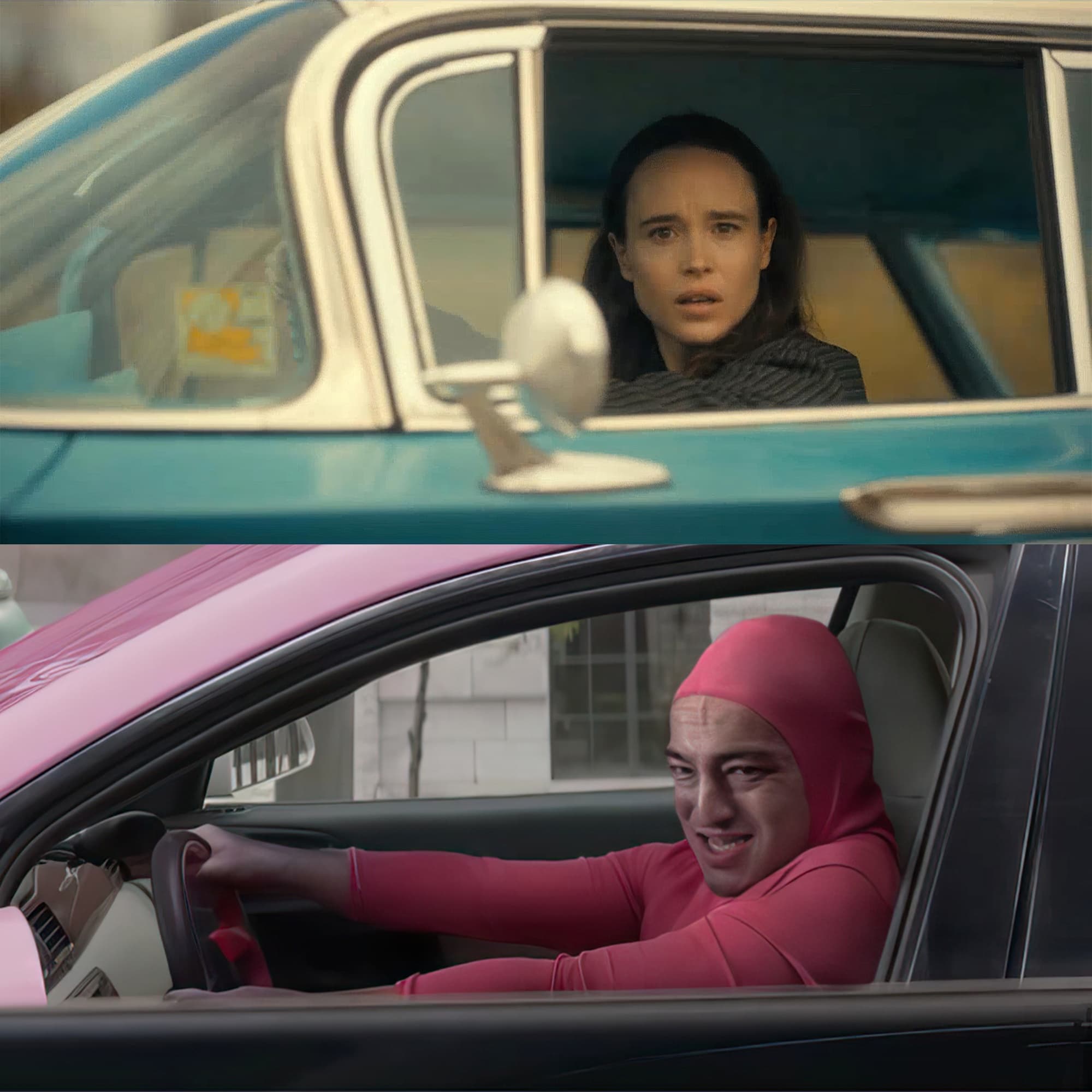 Vanya pink suite drive past each other voiture car