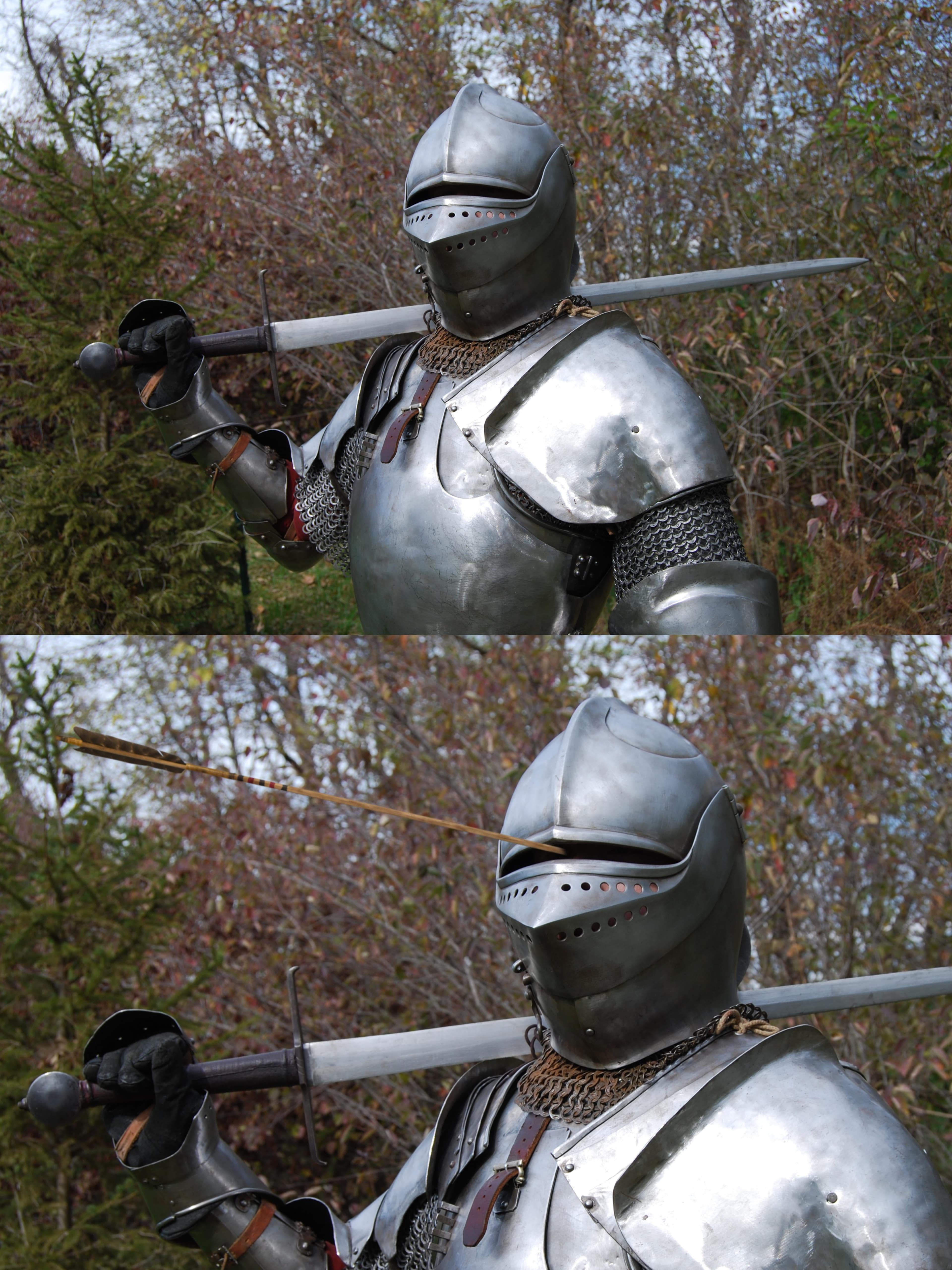 Knight arrow through helmet
