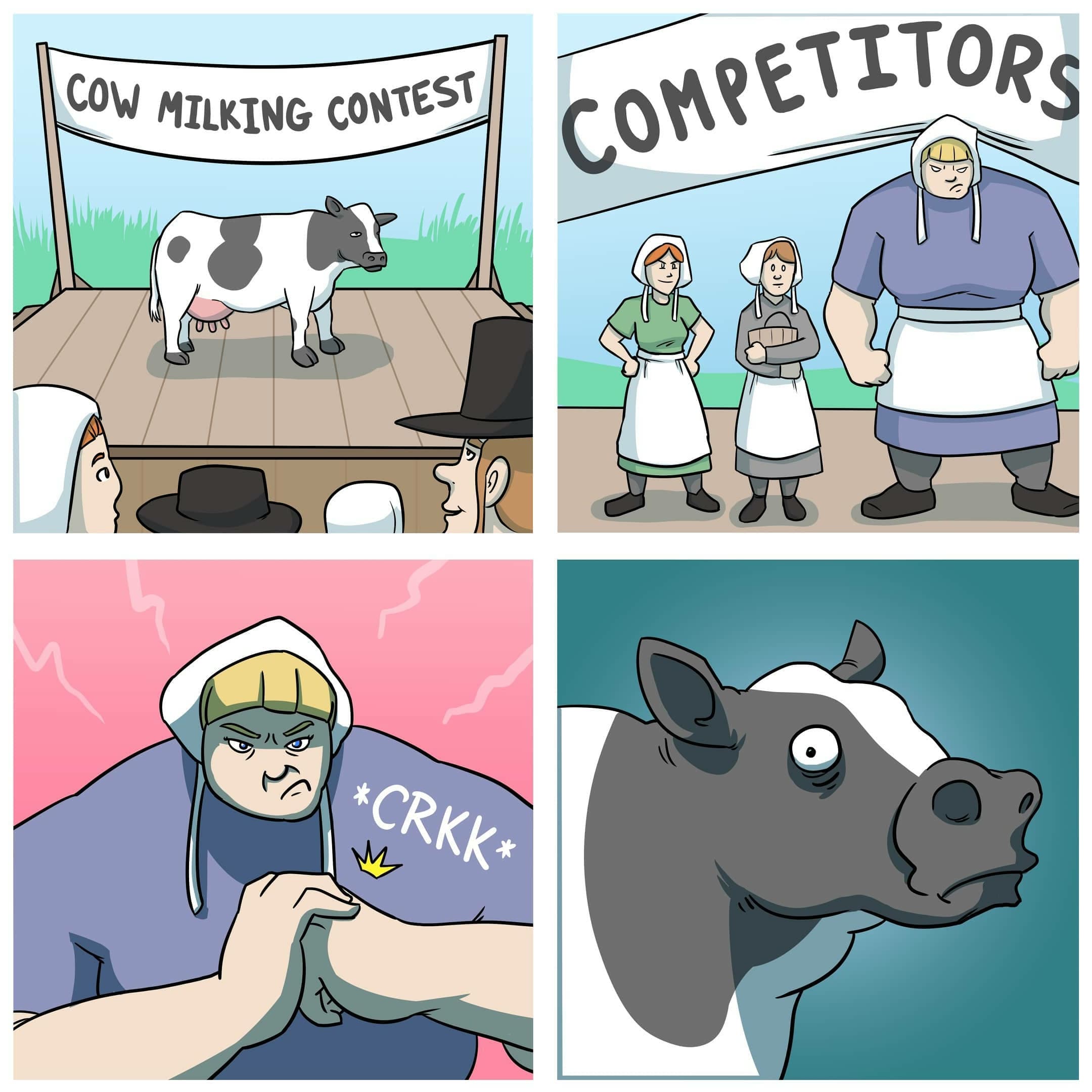 Cow milking contest cracking knuckles