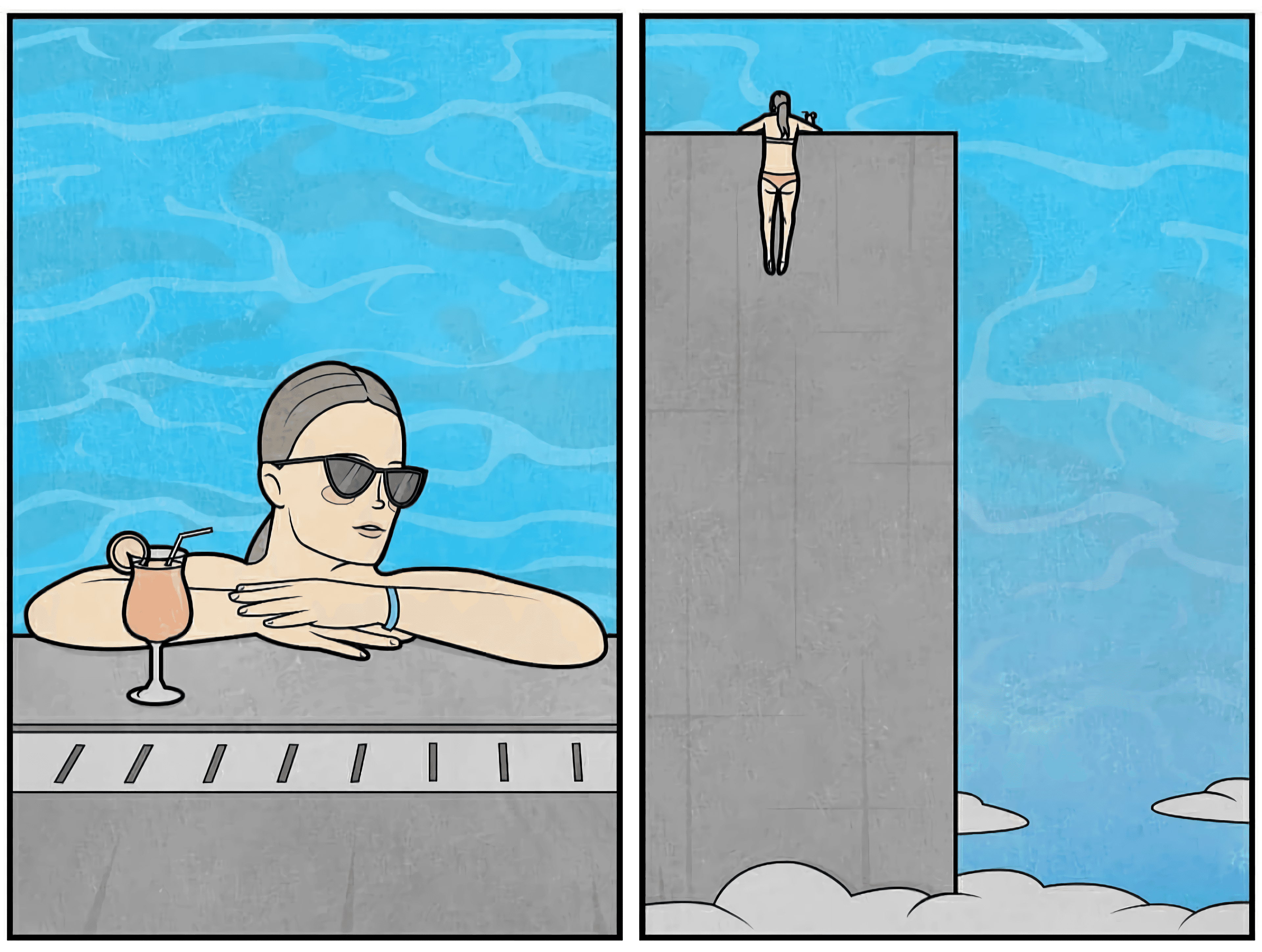 Femme piscine immeuble vide