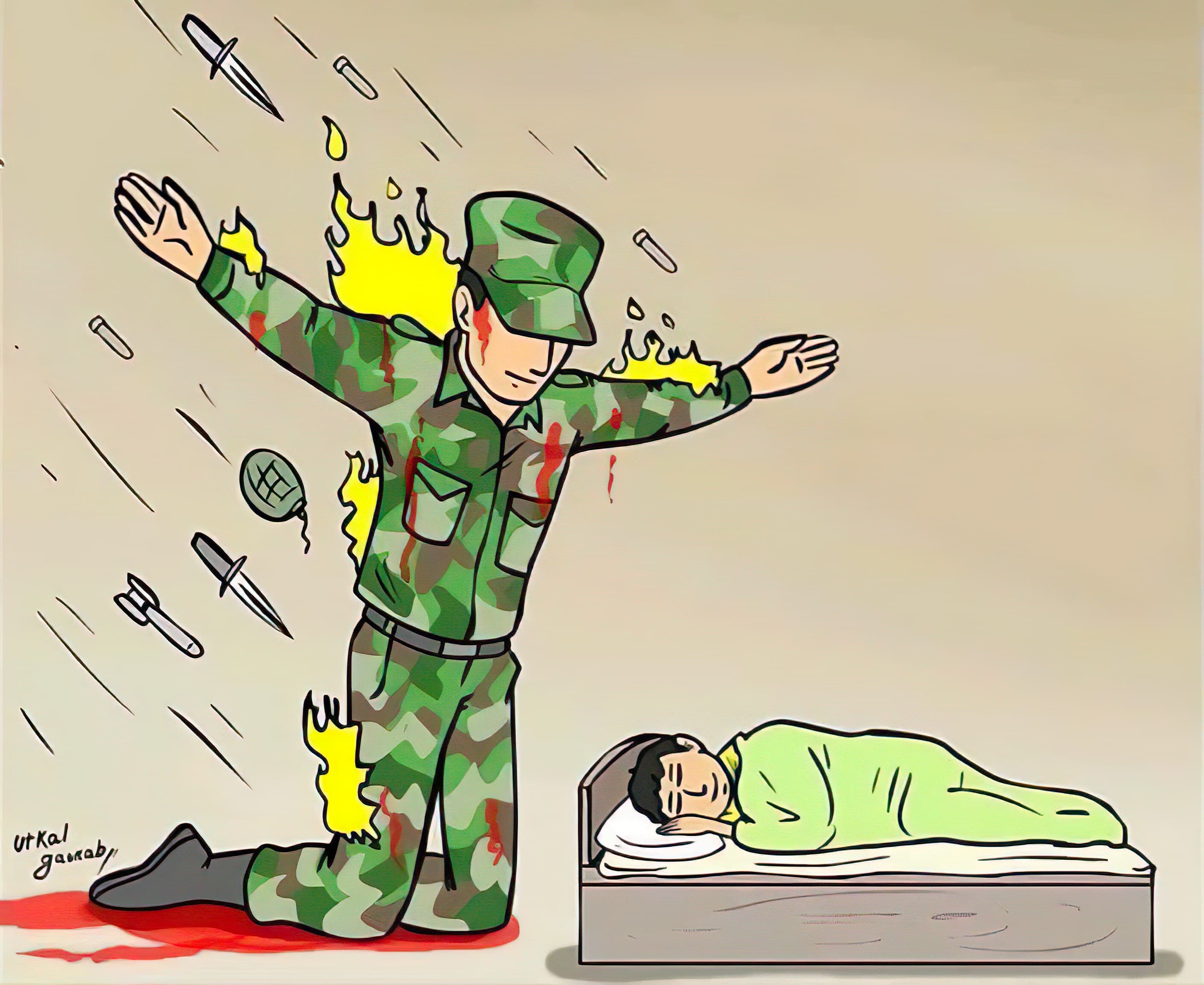 Soldier protecting sleeping child